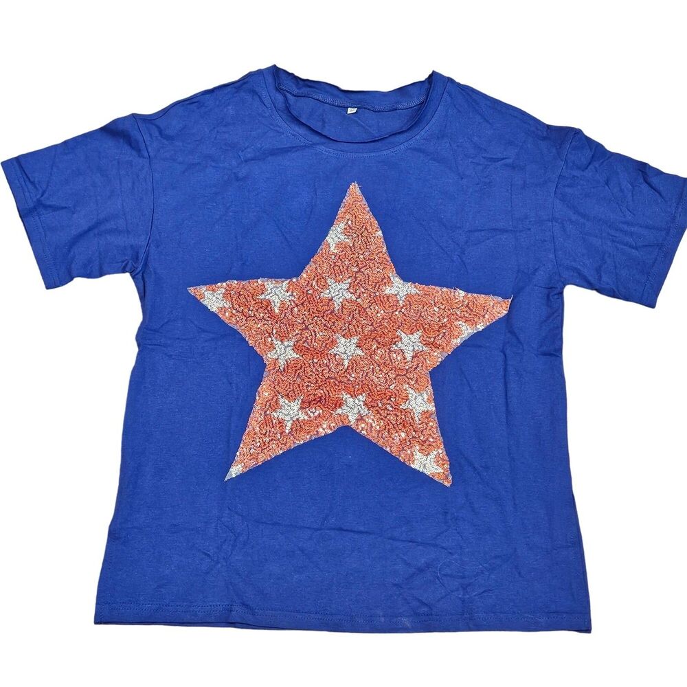 Patriotic Women's Huge Star on Blue Back Ground Short Sleeve T-Shirt Size Medium